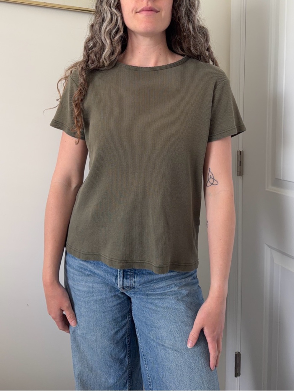 Vintage Olive Green Ribbed Short Sleeve Tee